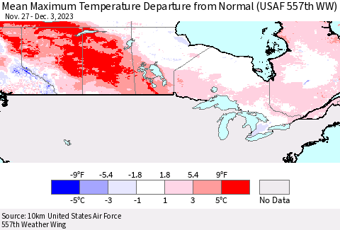 Canada Mean Maximum Temperature Departure from Normal (USAF 557th WW) Thematic Map For 11/27/2023 - 12/3/2023