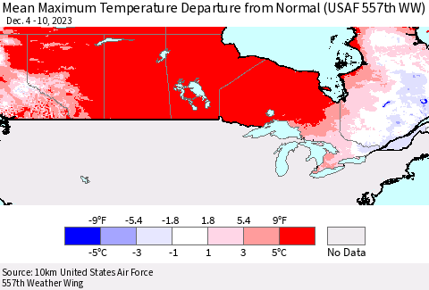 Canada Mean Maximum Temperature Departure from Normal (USAF 557th WW) Thematic Map For 12/4/2023 - 12/10/2023