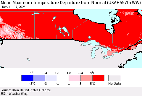 Canada Mean Maximum Temperature Departure from Normal (USAF 557th WW) Thematic Map For 12/11/2023 - 12/17/2023