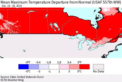 Canada Mean Maximum Temperature Departure from Normal (USAF 557th WW) Thematic Map For 12/18/2023 - 12/24/2023