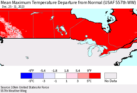 Canada Mean Maximum Temperature Departure from Normal (USAF 557th WW) Thematic Map For 12/25/2023 - 12/31/2023