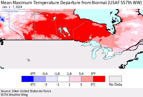 Canada Mean Maximum Temperature Departure from Normal (USAF 557th WW) Thematic Map For 1/1/2024 - 1/7/2024