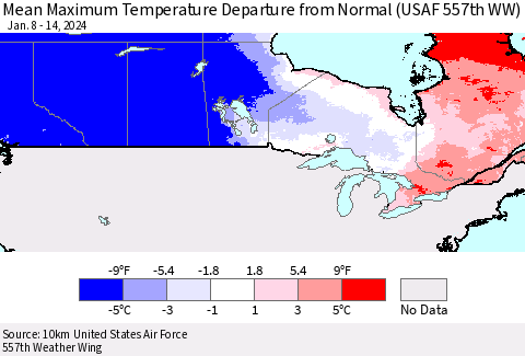 Canada Mean Maximum Temperature Departure from Normal (USAF 557th WW) Thematic Map For 1/8/2024 - 1/14/2024