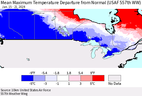 Canada Mean Maximum Temperature Departure from Normal (USAF 557th WW) Thematic Map For 1/15/2024 - 1/21/2024