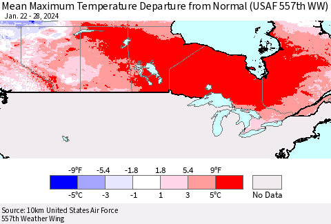 Canada Mean Maximum Temperature Departure from Normal (USAF 557th WW) Thematic Map For 1/22/2024 - 1/28/2024