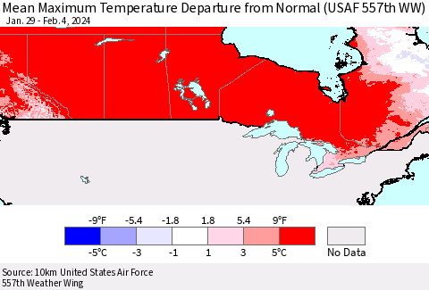 Canada Mean Maximum Temperature Departure from Normal (USAF 557th WW) Thematic Map For 1/29/2024 - 2/4/2024