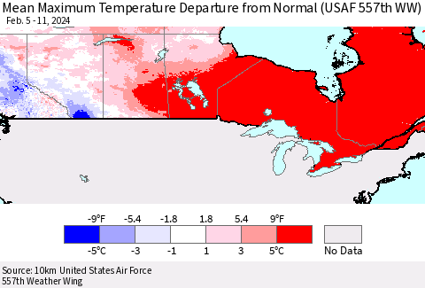 Canada Mean Maximum Temperature Departure from Normal (USAF 557th WW) Thematic Map For 2/5/2024 - 2/11/2024