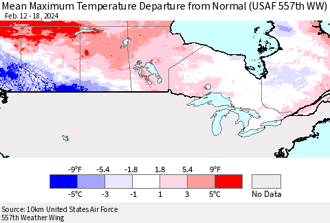 Canada Mean Maximum Temperature Departure from Normal (USAF 557th WW) Thematic Map For 2/12/2024 - 2/18/2024