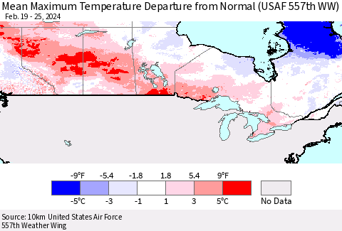 Canada Mean Maximum Temperature Departure from Normal (USAF 557th WW) Thematic Map For 2/19/2024 - 2/25/2024