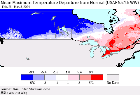 Canada Mean Maximum Temperature Departure from Normal (USAF 557th WW) Thematic Map For 2/26/2024 - 3/3/2024