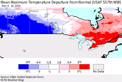 Canada Mean Maximum Temperature Departure from Normal (USAF 557th WW) Thematic Map For 3/4/2024 - 3/10/2024