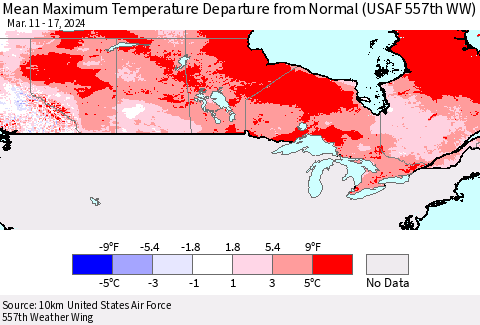 Canada Mean Maximum Temperature Departure from Normal (USAF 557th WW) Thematic Map For 3/11/2024 - 3/17/2024