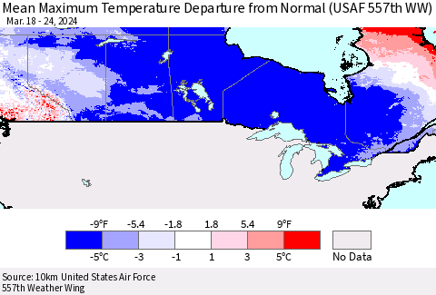 Canada Mean Maximum Temperature Departure from Normal (USAF 557th WW) Thematic Map For 3/18/2024 - 3/24/2024