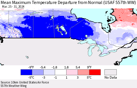 Canada Mean Maximum Temperature Departure from Normal (USAF 557th WW) Thematic Map For 3/25/2024 - 3/31/2024