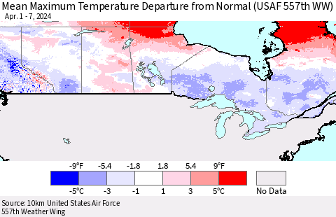 Canada Mean Maximum Temperature Departure from Normal (USAF 557th WW) Thematic Map For 4/1/2024 - 4/7/2024
