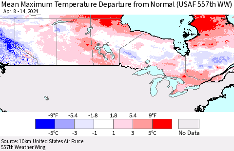 Canada Mean Maximum Temperature Departure from Normal (USAF 557th WW) Thematic Map For 4/8/2024 - 4/14/2024