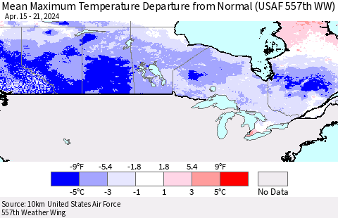Canada Mean Maximum Temperature Departure from Normal (USAF 557th WW) Thematic Map For 4/15/2024 - 4/21/2024