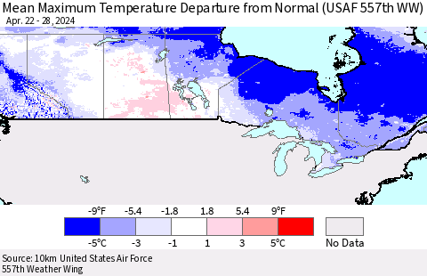Canada Mean Maximum Temperature Departure from Normal (USAF 557th WW) Thematic Map For 4/22/2024 - 4/28/2024