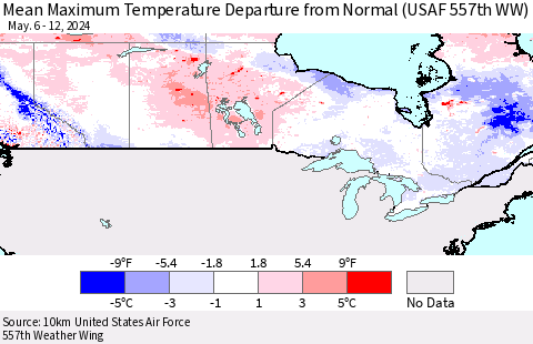 Canada Mean Maximum Temperature Departure from Normal (USAF 557th WW) Thematic Map For 5/6/2024 - 5/12/2024