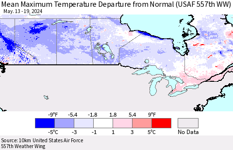 Canada Mean Maximum Temperature Departure from Normal (USAF 557th WW) Thematic Map For 5/13/2024 - 5/19/2024