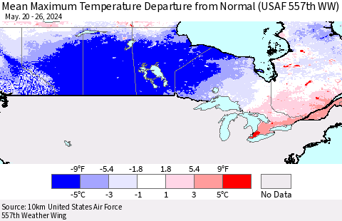 Canada Mean Maximum Temperature Departure from Normal (USAF 557th WW) Thematic Map For 5/20/2024 - 5/26/2024