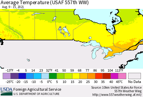 Canada Average Temperature (USAF 557th WW) Thematic Map For 8/9/2021 - 8/15/2021