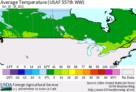 Canada Average Temperature (USAF 557th WW) Thematic Map For 10/18/2021 - 10/24/2021