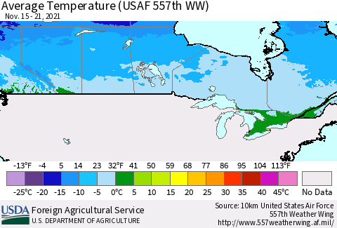 Canada Average Temperature (USAF 557th WW) Thematic Map For 11/15/2021 - 11/21/2021