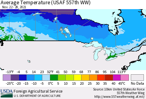 Canada Average Temperature (USAF 557th WW) Thematic Map For 11/22/2021 - 11/28/2021