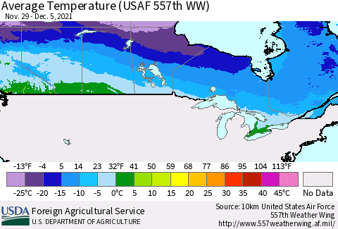 Canada Average Temperature (USAF 557th WW) Thematic Map For 11/29/2021 - 12/5/2021