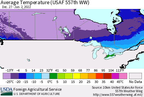 Canada Average Temperature (USAF 557th WW) Thematic Map For 12/27/2021 - 1/2/2022