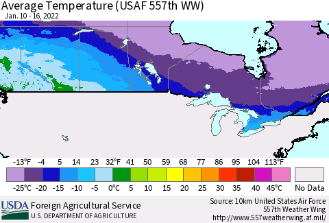 Canada Average Temperature (USAF 557th WW) Thematic Map For 1/10/2022 - 1/16/2022