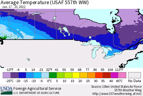Canada Average Temperature (USAF 557th WW) Thematic Map For 1/17/2022 - 1/23/2022