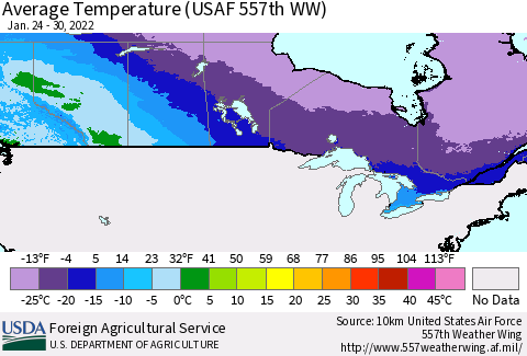 Canada Average Temperature (USAF 557th WW) Thematic Map For 1/24/2022 - 1/30/2022