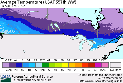 Canada Average Temperature (USAF 557th WW) Thematic Map For 1/31/2022 - 2/6/2022