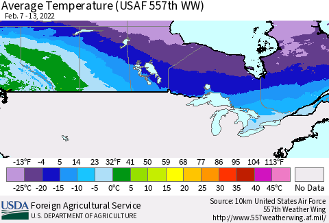 Canada Average Temperature (USAF 557th WW) Thematic Map For 2/7/2022 - 2/13/2022