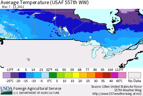 Canada Average Temperature (USAF 557th WW) Thematic Map For 3/7/2022 - 3/13/2022