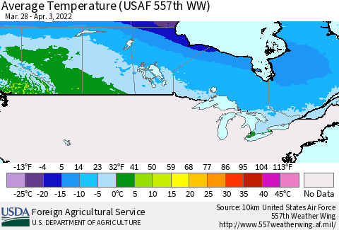 Canada Average Temperature (USAF 557th WW) Thematic Map For 3/28/2022 - 4/3/2022