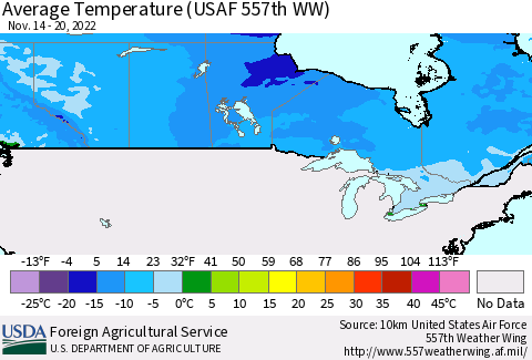 Canada Average Temperature (USAF 557th WW) Thematic Map For 11/14/2022 - 11/20/2022