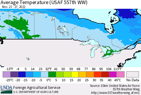 Canada Average Temperature (USAF 557th WW) Thematic Map For 11/21/2022 - 11/27/2022