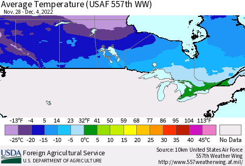 Canada Average Temperature (USAF 557th WW) Thematic Map For 11/28/2022 - 12/4/2022