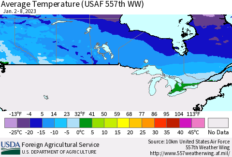 Canada Average Temperature (USAF 557th WW) Thematic Map For 1/2/2023 - 1/8/2023