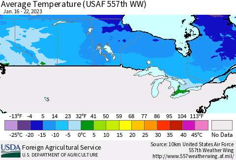 Canada Average Temperature (USAF 557th WW) Thematic Map For 1/16/2023 - 1/22/2023