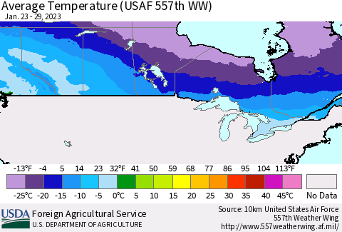 Canada Average Temperature (USAF 557th WW) Thematic Map For 1/23/2023 - 1/29/2023