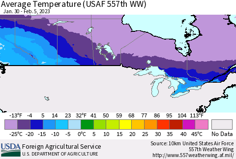 Canada Average Temperature (USAF 557th WW) Thematic Map For 1/30/2023 - 2/5/2023