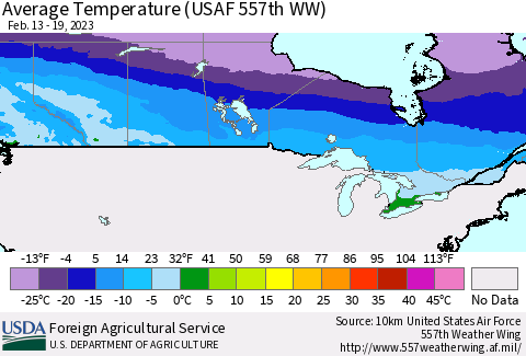 Canada Average Temperature (USAF 557th WW) Thematic Map For 2/13/2023 - 2/19/2023
