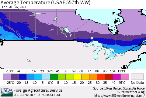 Canada Average Temperature (USAF 557th WW) Thematic Map For 2/20/2023 - 2/26/2023
