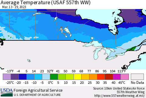 Canada Average Temperature (USAF 557th WW) Thematic Map For 3/13/2023 - 3/19/2023