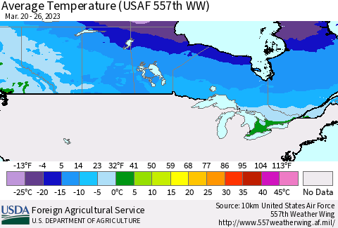 Canada Average Temperature (USAF 557th WW) Thematic Map For 3/20/2023 - 3/26/2023