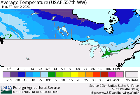 Canada Average Temperature (USAF 557th WW) Thematic Map For 3/27/2023 - 4/2/2023